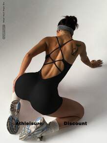 Crisscross Strappy Yoga Romper With V-Waist & Booty Lift, Stretchy Bodysuit For Workout/Beach,Strappy Detail & Lift Effect | Squat-Proof Yoga Bodysuit For Gym/Date Night,Strategic Backless Cutout,Figure-Flattering V-Waist,Clavicle-Accentuating Neckline,Tummy Control,Women's Sexy Backless Jumpsuit Shapewear Bodysuit