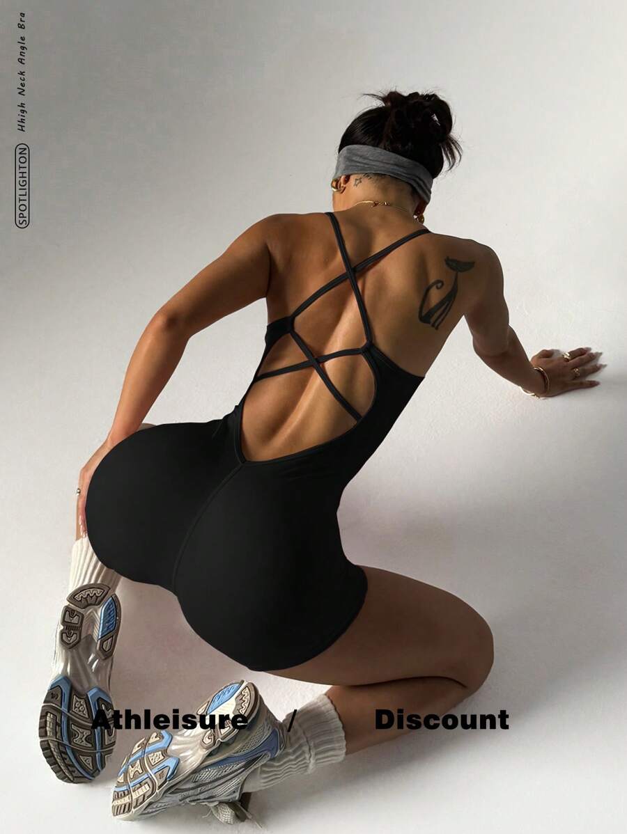 Crisscross Strappy Yoga Romper With V-Waist & Booty Lift, Stretchy Bodysuit For Workout/Beach,Strappy Detail & Lift Effect | Squat-Proof Yoga Bodysuit For Gym/Date Night,Strategic Backless Cutout,Figure-Flattering V-Waist,Clavicle-Accentuating Neckline,Tummy Control,Women's Sexy Backless Jumpsuit Shapewear Bodysuit