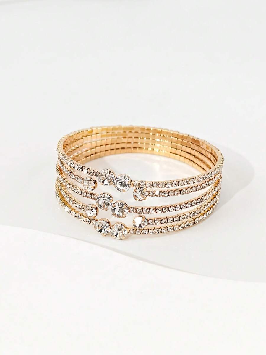 1pc Women's Elegant Gentle Rhinestone Open Bangle Bracelet, Suitable For Party And Evening Wear - Gold 1432 - View 1
