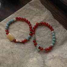 2pcs Chinese Style Minimalist Natural Stone Bracelets, Vintage Niche Design Cool Touch Stacked Bracelets, Women Natural Red Agate Beaded Bracelet, Holiday Gift