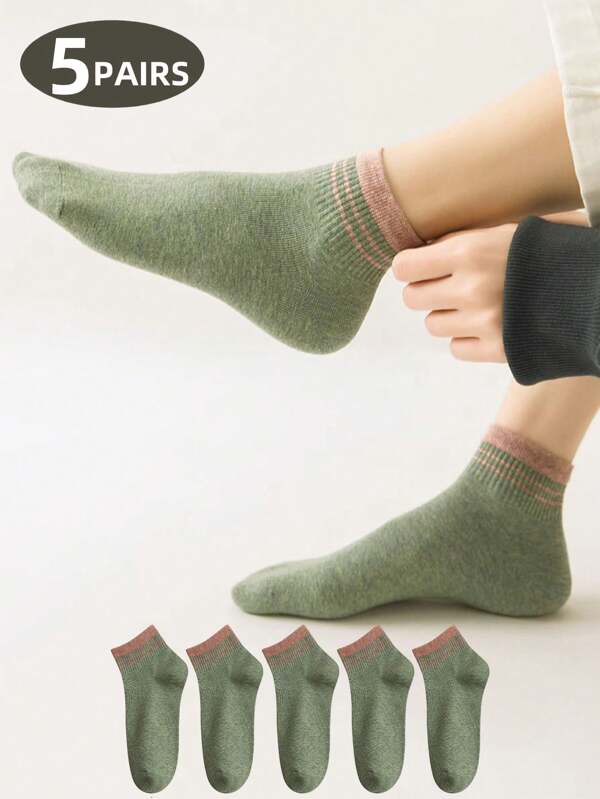 1 Paar/5 Paar Damen Olive Grün gestreifte Muster bequeme, lässige, weiche, leichte Knöchelsocken, vielseitig für den Sommer