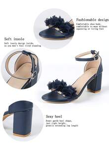 Women's Navy Blue 3D Floral Decor Square Toe Strappy Chunky Heel Sandals, Sweet & Elegant Style For Wedding, Party, Spring/Summer - Royal Blue - View 10