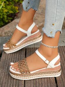 女士铆钉装饰镂空编织一脚蹬厚底坡跟凉鞋，舒适高跟波西米亚风格夏季日常穿着凉鞋，图案随意 - 棕色編織 - 查看 4