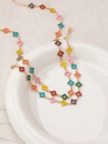 1 套：镂空花链项链和手链，优雅的欧美风格首饰套装 - 彩色 - 查看 3