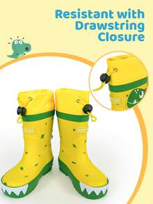Botas de chuva impermeáveis com desenho de dinossauro para crianças pequenas - Sapatos de borracha macios e duráveis com design de calçar para todas as estações - Amarelo - Ver 5