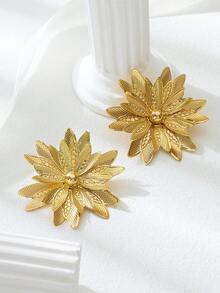 1 Pair Vintage Asymmetrical Flower & Leaf Geometric Pattern Metallic Earrings For Women, Nightclub Gift - Gold - View 4