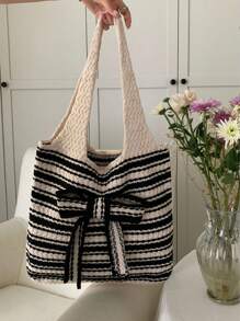 1 Peça Bolsa de Tricô de Grande Capacidade, Bolsa de Ombro Simples, Bolsa Transversal, Bolsa Estampa de Laço Dupla Cor Listrada Essencial para Sair, Viagem, Fotografia, Trabalho, Transporte de Roupas, Cosméticos, Pequenos Itens, Bolsa de Viagem, Adequada como Presente para Amigos, Família, Namoradas, Decoração de Quarto, Volta às Aulas, Itens Essenciais de Viagem