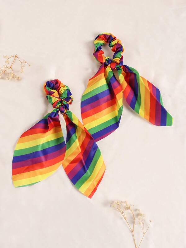 1 pieza Coletero de gasa de poliéster con estampado de rayas arcoíris estilo bohemio, apto para fiestas, salidas y uso diario, accesorio para el cabello