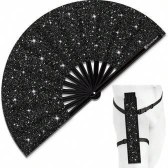 1pc Glowing Big Carnival Folding Hand Fan, Suitable For EDM, Festivals, Clubs, Parties, Dancing (Silver + Black), Shining