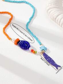 1 件手工制作的夏日沙滩项链，配有沙丁鱼吊饰，女士波西米亚风格度假珠宝配饰 - 彩色 - 查看 3