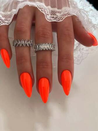 24 stuks amandelvormige press-on nagels - levendige oranje-rode glanzende afwerking, kunstnagels van gemiddelde lengte voor vrouwen, lente, zomer, dagelijks gebruik en speciale gelegenheden, perfect cadeau voor haar, cadeaus voor nagelstylisten, verfijnde nagelkunst