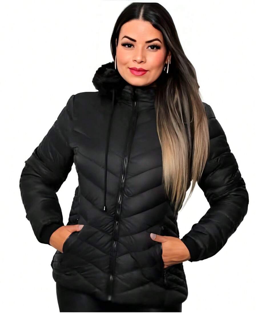 Women's Black Puffer Jacket With Hood - Warm, Stylish And Comfortable - màu đen - Xem 1