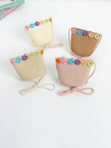 1pc Kids Cute Rainbow Ruffle Beach Straw Crossbody Bag, Princess One Shoulder Handbag Suitable For Daily Outing - Flowers - View 2