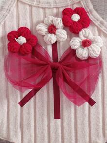 HAO6 0-3岁女婴时尚套装：米色吊带上衣，配钩针花朵和蝴蝶结，棕色罗纹短裤 - 酒紅色 - 查看 4