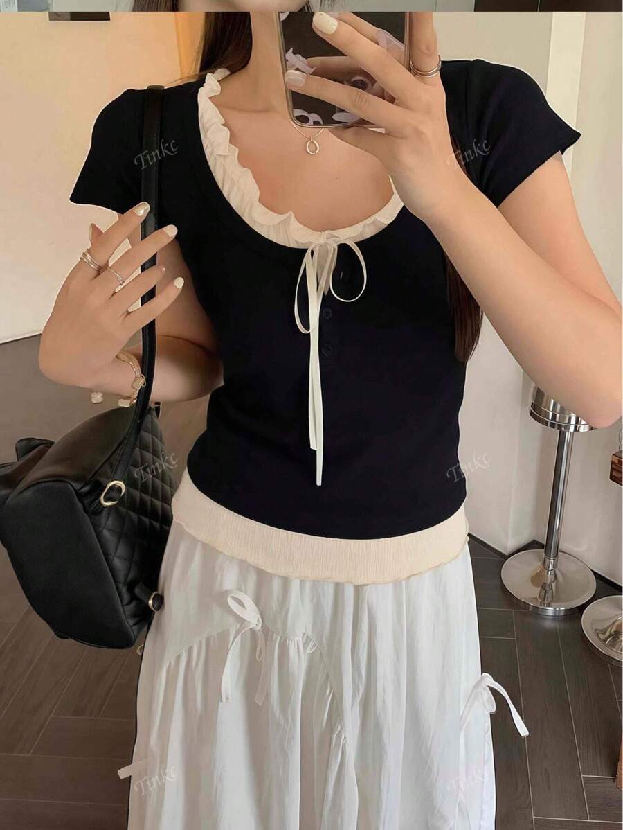 F14 STYLE Summer Tie-Up Color Block Tshirt image