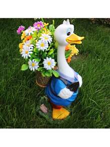 1pc Cute Cartoon Duck Carrying Planter Resin Craft Ornament, Outdoor Garden Yard Decor, Garden Planting Decoration