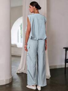 Sollinarry 女士夏季无袖拉链上衣和阔腿裤两件套，时尚宽松版型，适合办公室、度假、音乐节等场合。 - 灰藍色 - 查看 2