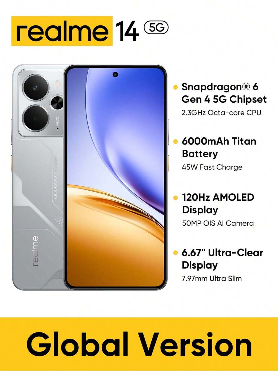 Realme 14 5G 8GB+256GB / 12GB+256GB 5G LTE 全球版 解鎖智慧型手機 Android 15 OS 6.67 吋 OLED 120Hz 螢幕 6000mAh 電池 50MP 相機 7.97mm 厚度 不含充電器