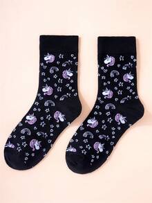 1 par de calcetines de media caña con estampado de vaca y letras de moda para mujer, otoño - Multicolor - Ver 14