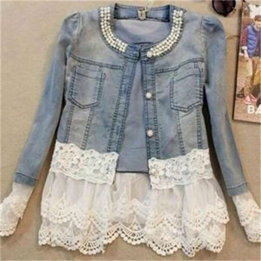 Fashionable Women's Jacket, Elegant Lace Stitching, Beaded Design Women's Casual Jacket, Spring And Autumn Daily Wear - Blue - View 1