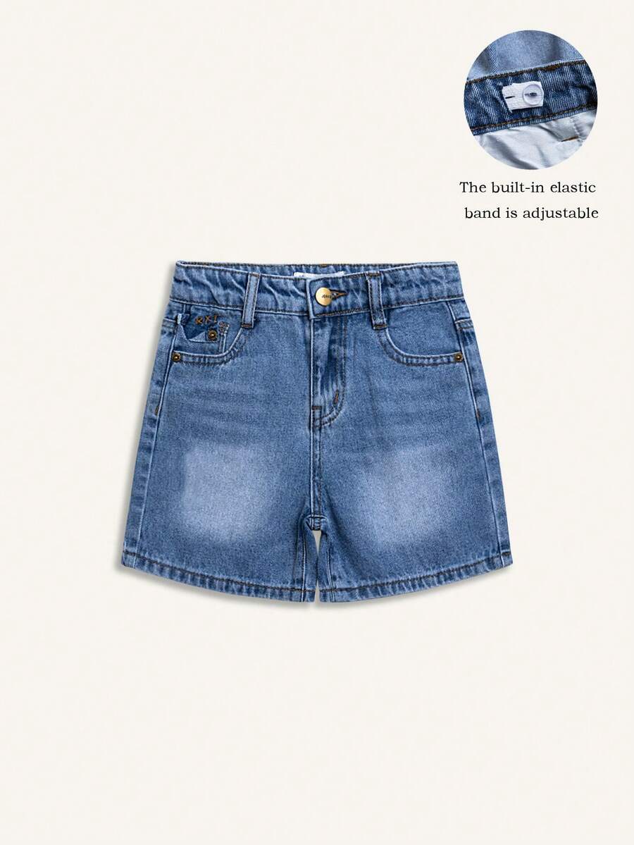 Young Boy Vintage Washed Light Color Embroidered Adjustable Elastic Waist Distressed Denim Shorts