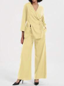 Se-Hore Fashion Trending Women's Retro Loose Tie V-Neck Jacket And Casual Pants 2 Pieces Set