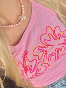 Women Y2K Floral Cami Tank Tops Cute Vintage Flower Graphic Spaghetti Strap Scoop Neck Slim Fit Camisole Crop Tops Summer Backless Sleeveless Vests Shirts Teens Girl Summer Ocean Coastal Beach Casual Going Out Tops Aesthetic Clothes Streetwear - 粉色 - 查看 7