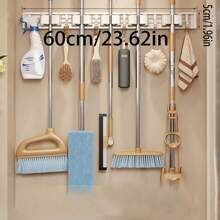 1pc Wall-Mounted Metal Broom Holder Rack With Adjustable Hooks, Suitable For Bathroom, Kitchen, Garden, Laundry Room, Garage Storage Organizer - Powder Coated Surface, Space-Saving Rack For Broom, Mop, Tools, Shelves