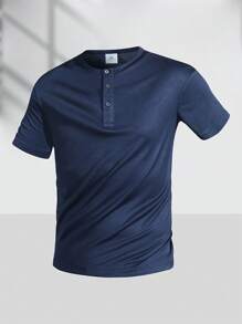 Men's Summer Casual Sports Short Sleeve T-Shirt, Fashion Quick-Dry Breathable Solid Color Slim Fit Henley