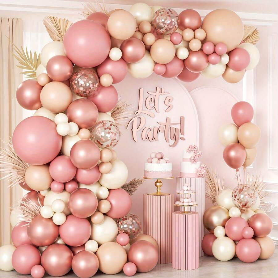 135 Pieces Retro Pink Ivory White Rose Gold Balloon Arch Wreath Set, Baby Gift Party, Wedding, Girl's Birthday Aluminum Foil Paper Sequin Balloon - Mixed Colors - View 1