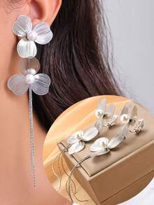 1 Pair Fashion Flower & Faux Pearl Long Tassel Clip On Earrings For Women, Exaggerated Big Style, Slimming & Elegant, Suitable For Daily Wear, Gift For Her - Ear Clip - View 2