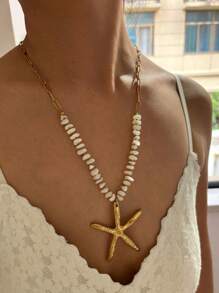 Monlansher Collana con pendente a forma di stella marina in acciaio inossidabile e perline alla moda per donna, collana artigianale con catena e pietra bianca, adatta a uso casual, da festa e quotidiano