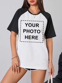 Customizable Personalized Ladies T-Shirt - Add Your Own Photo/Text (Family Photo/Selfie/Statement/Journal), Design Your Own Custom Printed T-Shirt, Fashionable, Hip-Hop, Unique Women's Clothing, Can Be Used As A Gift For Your Own Girlfriends, Family Members, Friends, Kids, Etc., Feel Free To Play With Your Design. - Black and White - View 4