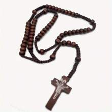 1pc Handmade Wooden Bead Rosary Necklace With Cross Pendant