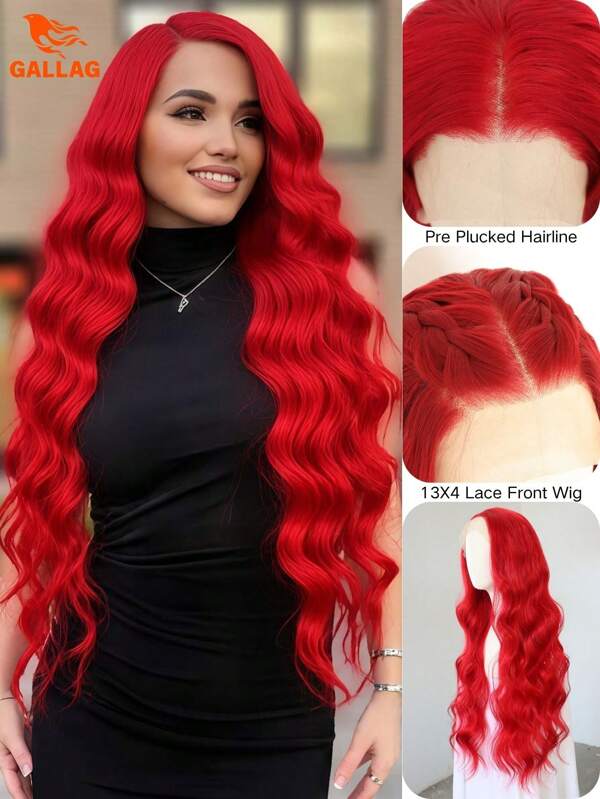 32 Inch 180% Density Red Deep Wave Lace Front Wig 13*4 Lace Front Wig For Women - Natural Side Part, Pre - Plucked, Glueless, Heat Resistant Synthetic Fiber, Ideal For Daily, Parties & Cosplay