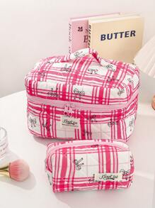 1 Peça Bolsa de Maquiagem Fofa de Grande Capacidade, Nécessaire Acolchoado para Cosméticos, Bolsa de Maquiagem de Viagem com Laço Xadrez, Dobrável, com Alça, Organizador de Maquiagem Estético, Bolsa de Armazenamento para Viagem, Nécessaire Portátil, Bolsa para Lápis, Essenciais de Viagem, Férias de Verão, Volta às Aulas, Bolsa Escolar, Bolsa de Viagem para Mulheres, Bolsa de Maquiagem para Viagem