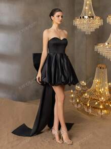Balloon-Hem Evening Gown With Dramatic Waist Bow Detail – Elegant Formal Bridal Shower Dress For Red Carpet Galas, Black-Tie Wedding Receptions, Luxury Charity Balls, Bride
