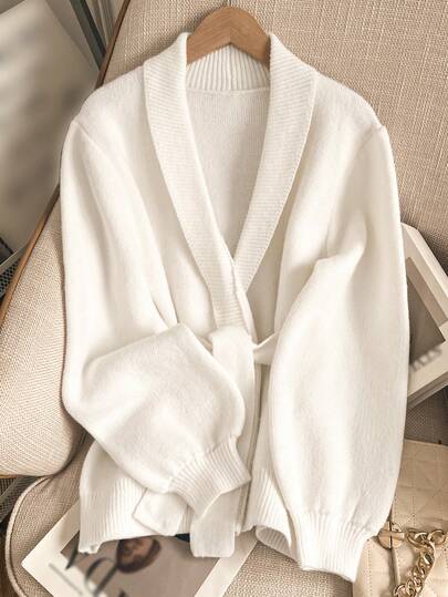 Autumn And Winter Women's Fashionable And Elegant Casual Urban Simple Solid Color White Collar Cuff Hem Armpit Stripe Design Tie Belt Deep V-Neck Cardigan Sweater, Autumn Top, Winter Top, Women's Winter Clothing, Business Casual Women's Clothing, Women's Work Top, Autumn And Winter Women's Cardigan Sweater