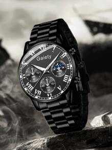 Ensemble de 4 montres à quartz pour homme, bracelet noir, à la mode et simple, cadran à trois yeux, chiffres romains, bracelet, collier, bague, idéal pour un usage quotidien, une décoration ou comme cadeau de vacances.