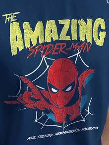 漫威联名款罗纹棉男士T恤，蜘蛛侠图案，学院风春夏运动装，时尚柔软透气男士牛仔蓝短袖上衣 - 牛仔藍 - 查看 2