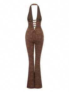Women Lace Jumpsuits Halter Neck Cross Backless Sleeveless Long Rompers Summer Slim Playsuits Clubwear - Dark Brown - View 8