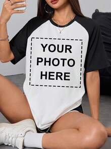 Customizable Personalized Ladies T-Shirt - Add Your Own Photo/Text (Family Photo/Selfie/Statement/Journal), Design Your Own Custom Printed T-Shirt, Fashionable, Hip-Hop, Unique Women's Clothing, Can Be Used As A Gift For Your Own Girlfriends, Family Members, Friends, Kids, Etc., Feel Free To Play With Your Design. - Black and White - View 2