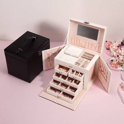 CASEGRACE 1 件多层珠宝盒，带抽屉的珠宝收纳盒，带镜子的珠宝收纳架，珠宝收纳盒，适用于戒指耳环项链手链手表女士收纳整理器旅行必需品返校宿舍收纳