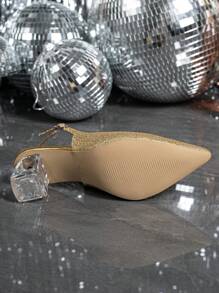 Women's Pointed Toe Crystal Heel Mary Jane Hollow-Out High Heel Pumps, Suitable For Outings, Parties, Weddings And Other Occasions