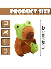 Juguete de peluche adorable de Capibara de 22 cm/8,66 pulgadas con tapa de cabeza de rana y mochila de rana. Estilo de anime de animal de peluche de color marrón oscuro. Regalo perfecto para fans de anime, decoración creativa y regalos para la fiesta de cumpleaños de niños, decoración de habitación de niñas.