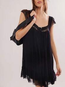 Women Lace Trim Mini Dress Ruffle Flowy Babydoll Dress Spaghetti Strap Loose Sundress Boho Going Out Dresses - 黑色 - 查看 4