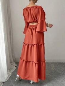 Conjunto de dos piezas para mujer con top y falda de unicolor, ropa de verano - Naranja Coral - Ver 2