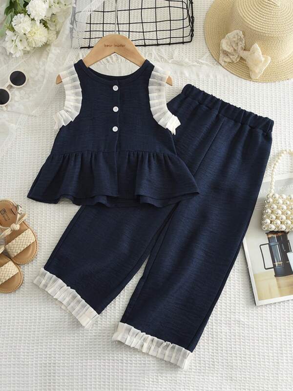 Two Pieces Clothes Sets For Young Girls Fashion Denim-Effect Flying Sleeves Tops And Navy Blue Pants Casual Wear