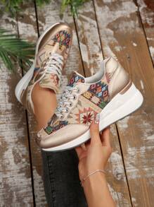 New Bohemia Outdoor Casual Breathable Wedge Platform Sneakers For Plus Size Women, Suitable For Spring & Autumn