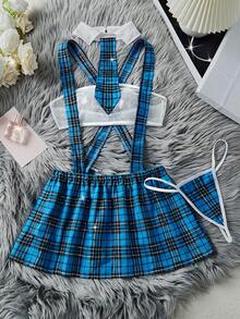 4件套性感内衣套装，女士薄纱胸衣、领结蝴蝶结交叉露背半身裙和性感丁字裤，舒适内衣套装，适合居家和外出角色扮演 - 藍色 - 查看 7